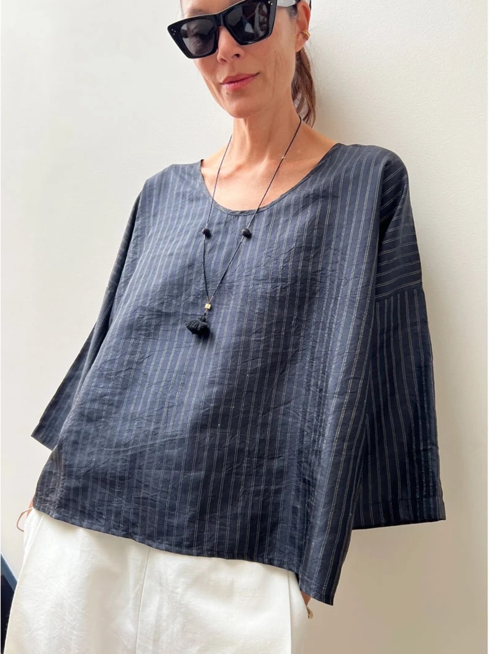 BLACK HANDWOVEN SILK TOP - new with Tags